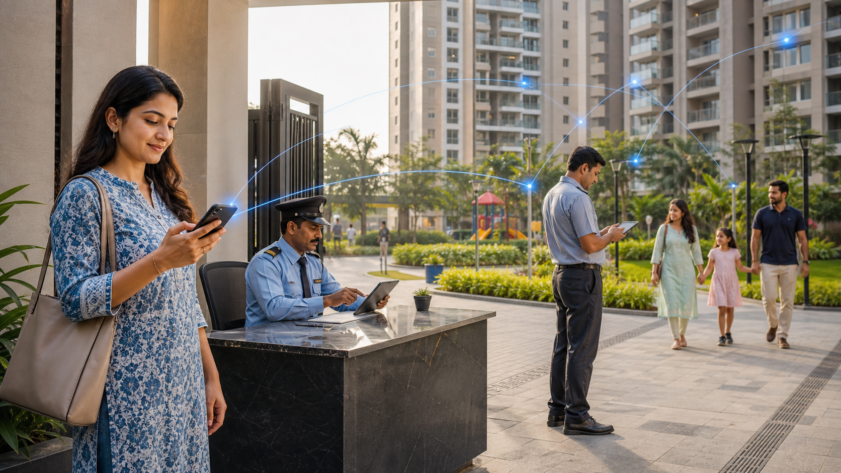 Residents, security staff and a facility manager connected across a modern Indian housing society