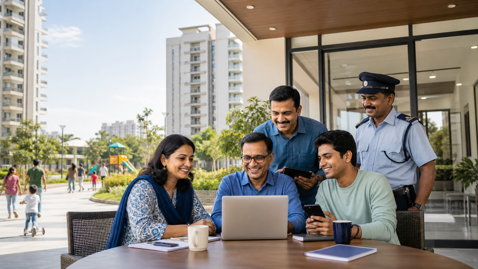 Committee members, society manager, resident and security supervisor working together in a connected housing society